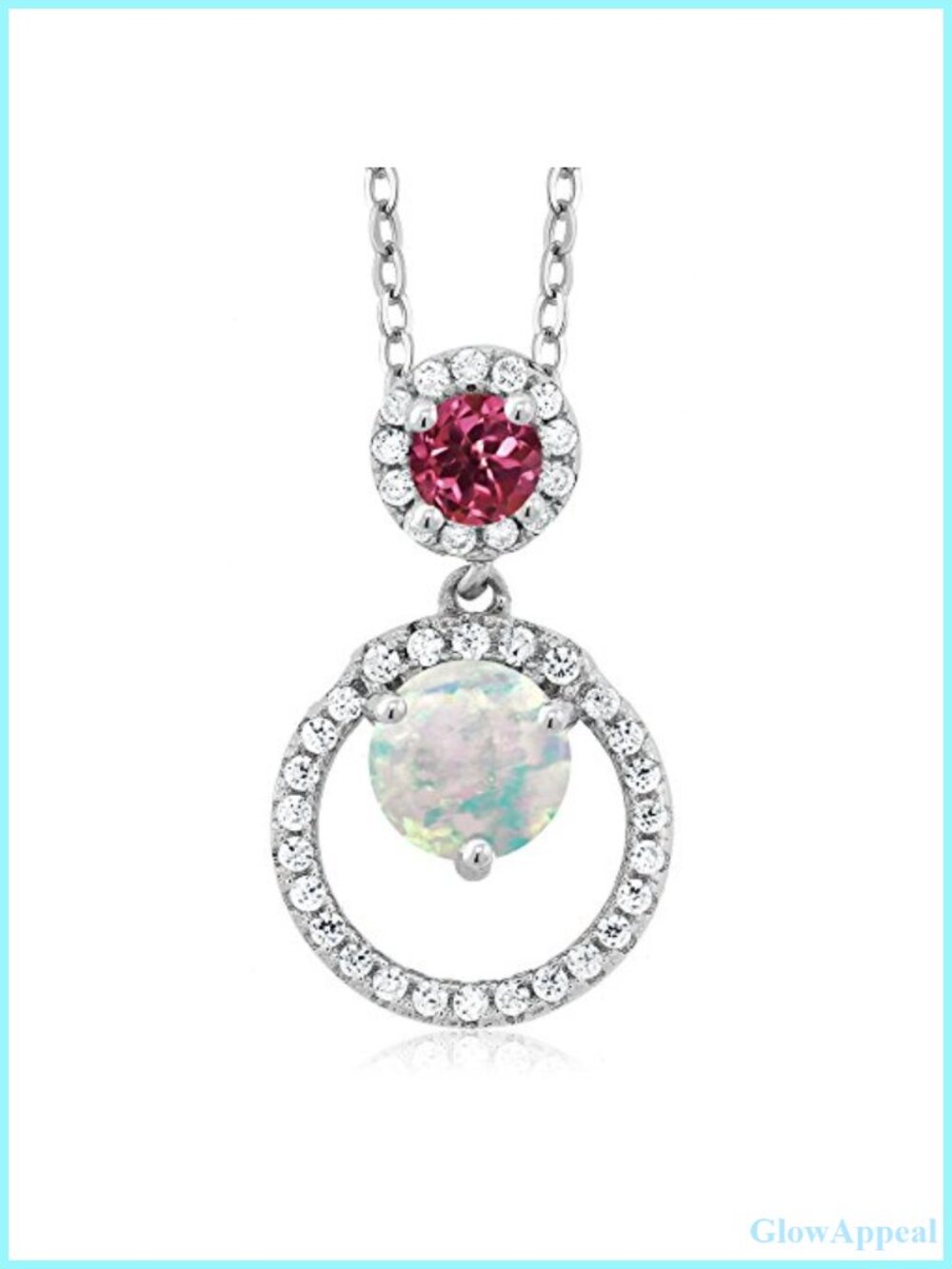 925 Sterling Silver Pendant Necklace with Simulated Opal and Pink Tourmaline